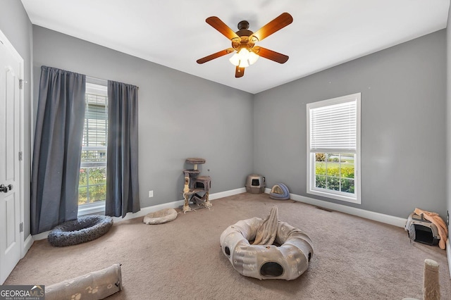 misc room featuring ceiling fan, carpet floors, and a wealth of natural light