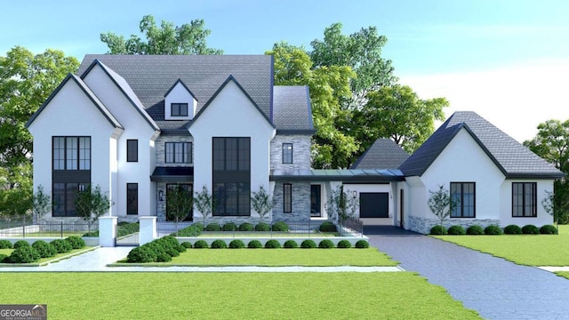 view of front of property with a front yard, stone siding, and stucco siding