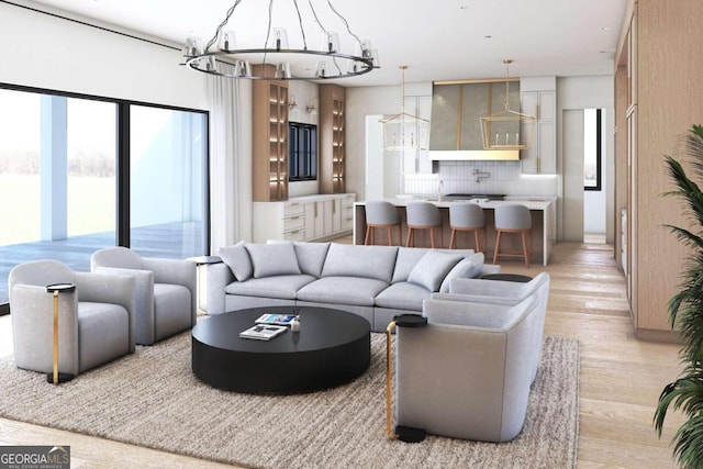 living room featuring a chandelier and light wood-style flooring