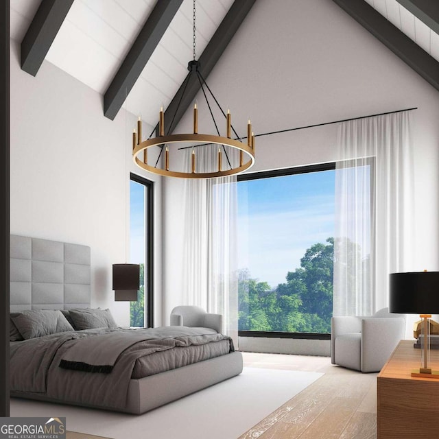 bedroom featuring beam ceiling, a notable chandelier, and wood finished floors