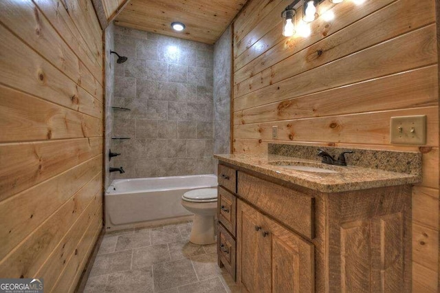 full bathroom featuring vanity, wooden ceiling, wooden walls, and toilet