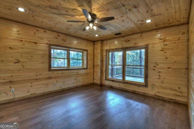 unfurnished room featuring wood walls, wood ceiling, and hardwood / wood-style floors