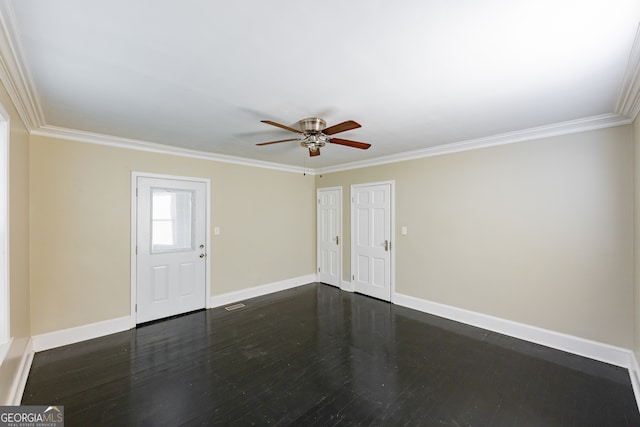 interior space with ornamental molding, dark hardwood / wood-style flooring, and ceiling fan