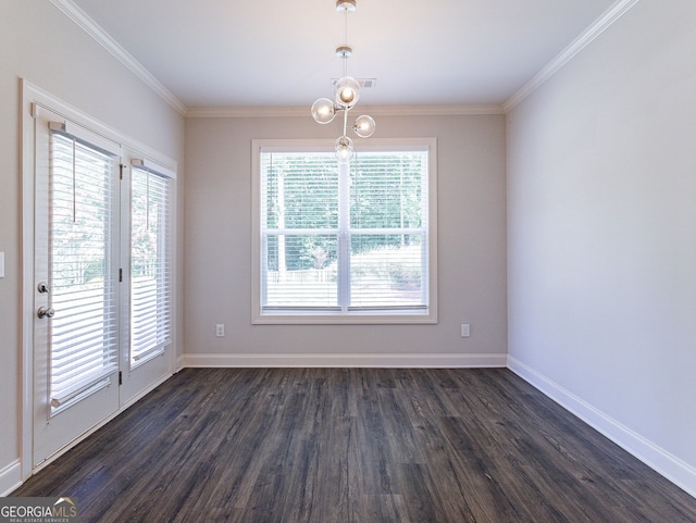 spare room with dark hardwood / wood-style flooring and crown molding