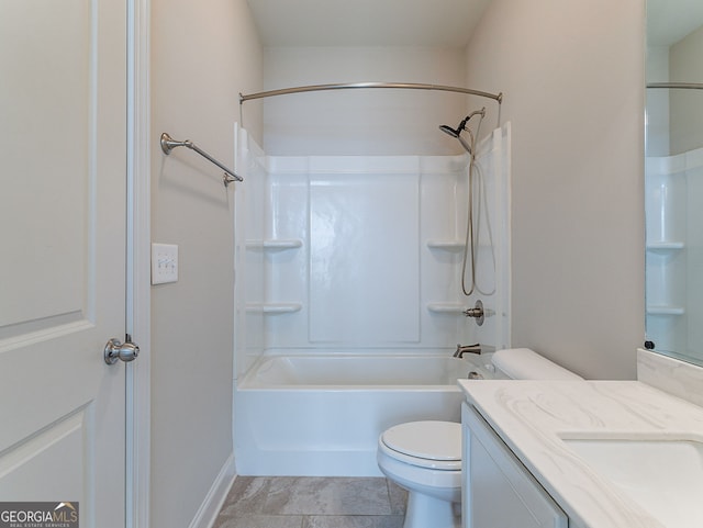 full bathroom featuring tub / shower combination, tile patterned floors, vanity, and toilet