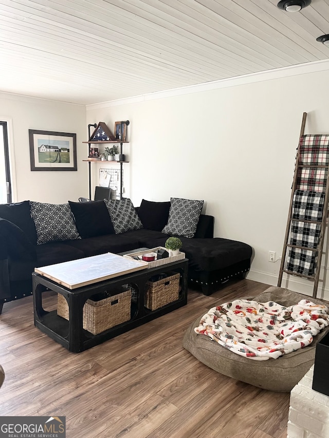 living room featuring wood ceiling, crown molding, and hardwood / wood-style floors