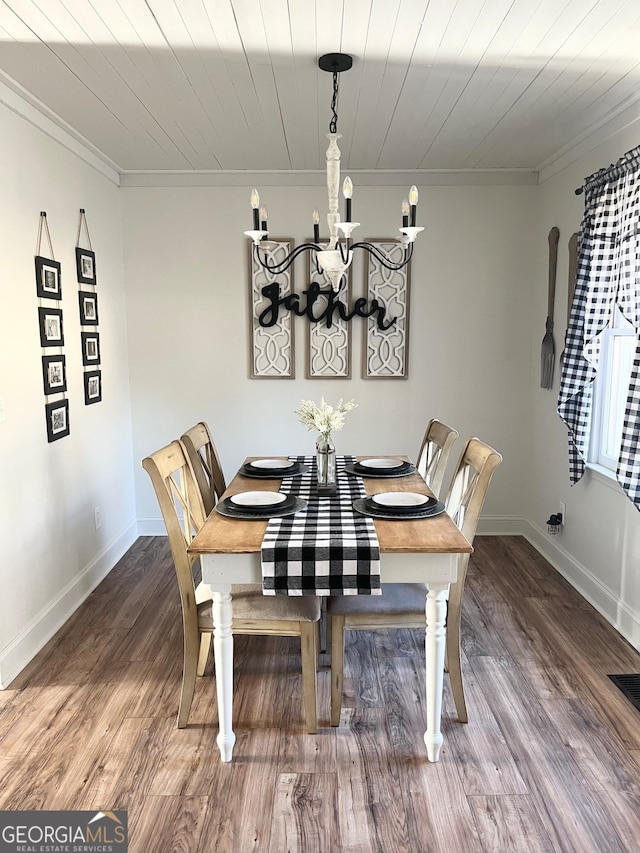 dining space with wooden ceiling, ornamental molding, wood-type flooring, and a chandelier