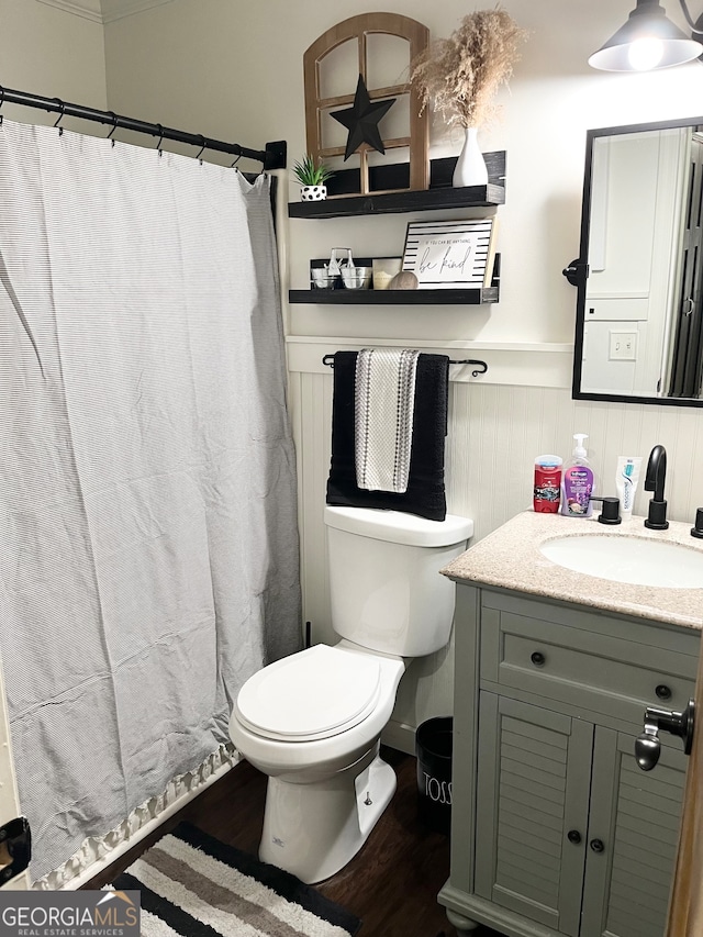 bathroom with hardwood / wood-style flooring, vanity, and toilet