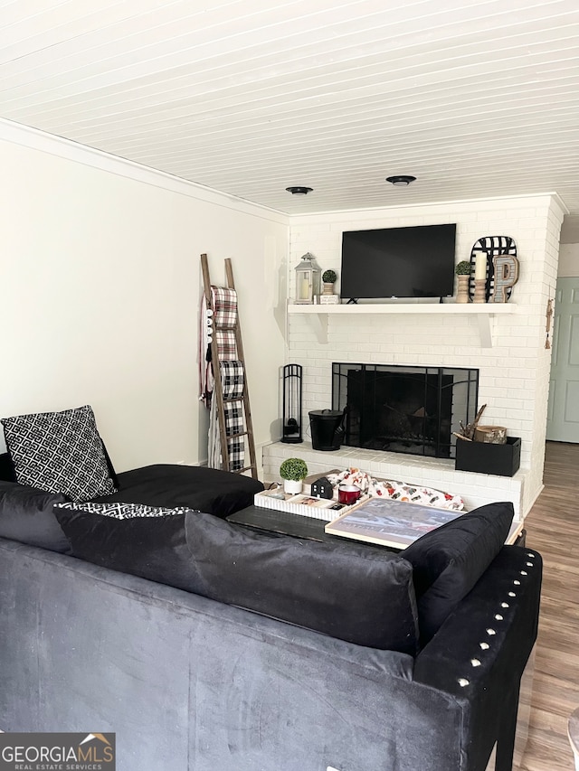 living room with hardwood / wood-style floors, a fireplace, and ornamental molding