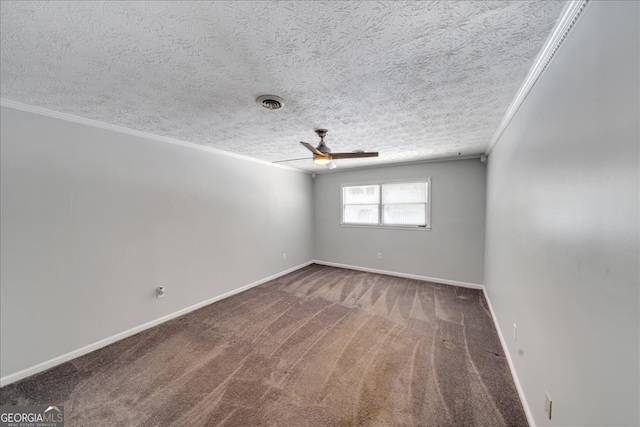 empty room with a textured ceiling, crown molding, ceiling fan, and carpet floors