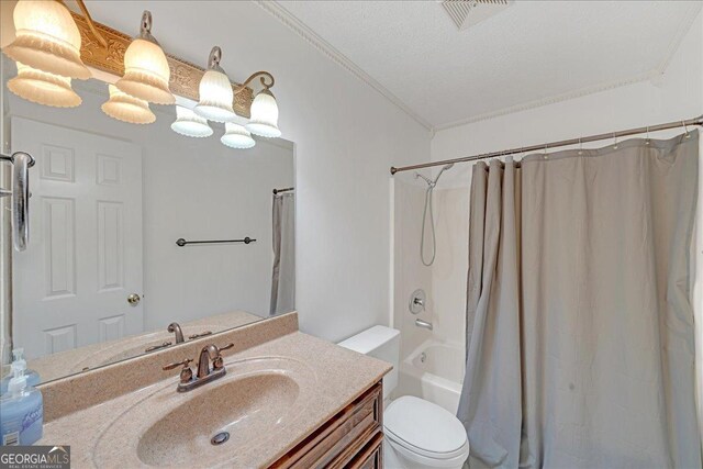 full bathroom featuring shower / bath combo, crown molding, vanity, and toilet