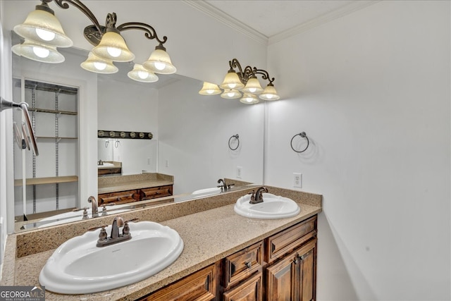 bathroom featuring double vanity and ornamental molding