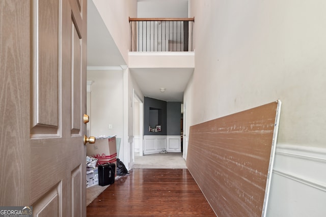 corridor featuring a towering ceiling and wood-type flooring