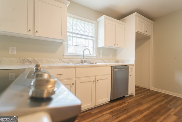 kitchen featuring white cabinets, dishwasher, dark hardwood / wood-style flooring, and sink