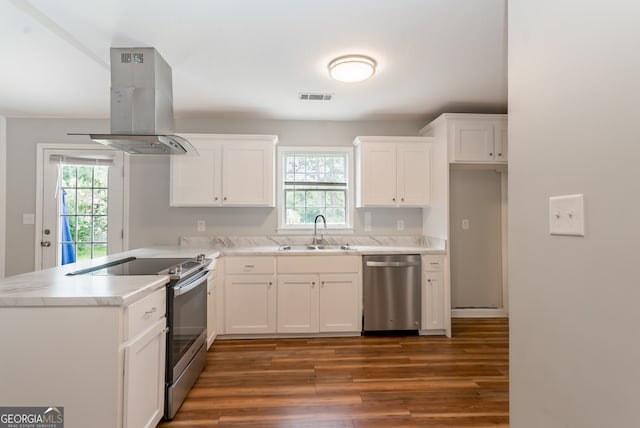 kitchen with sink, stainless steel appliances, plenty of natural light, and island exhaust hood