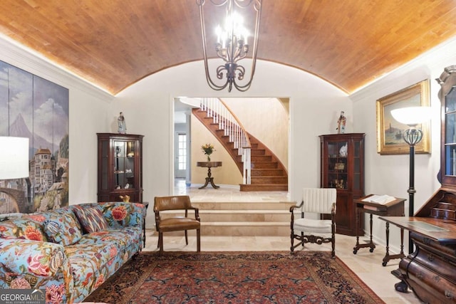 living room with light tile patterned floors, lofted ceiling, a chandelier, and wood ceiling