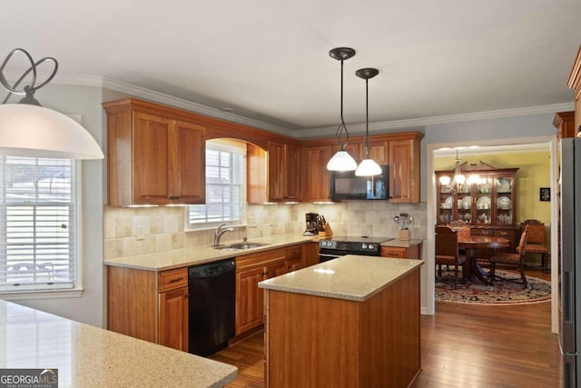 kitchen with decorative backsplash, sink, light stone counters, black appliances, and dark hardwood / wood-style flooring