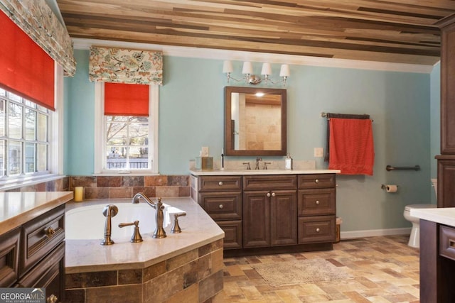 bathroom featuring wooden ceiling, toilet, vanity, and a tub