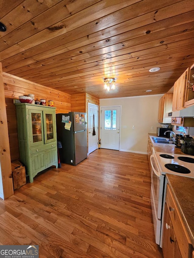 kitchen with wood ceiling, white range with electric cooktop, light hardwood / wood-style floors, sink, and stainless steel refrigerator