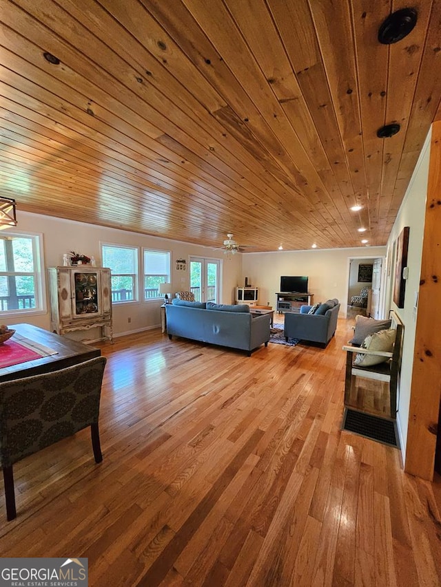 living room with light hardwood / wood-style floors and wooden ceiling