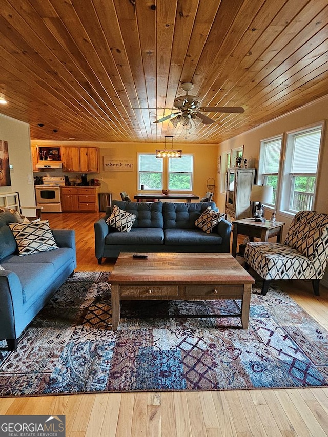 living room with a wealth of natural light, wood ceiling, and hardwood / wood-style floors