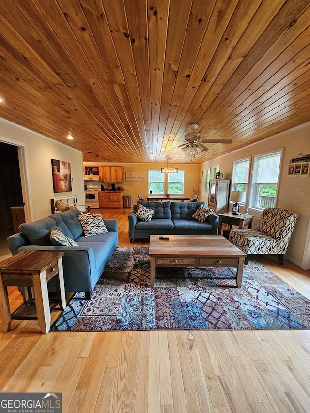 living room with vaulted ceiling, wooden ceiling, and wood-type flooring