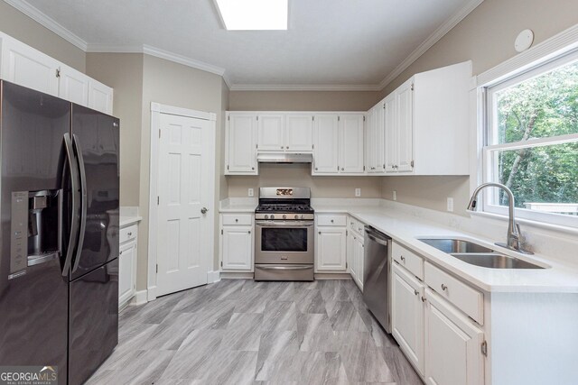 kitchen featuring crown molding, stainless steel appliances, sink, and white cabinets