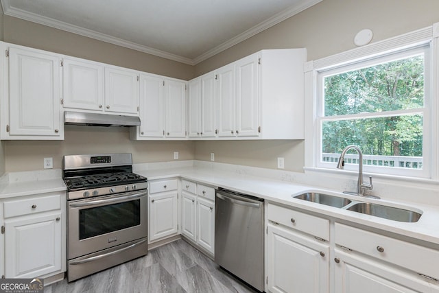 kitchen featuring sink, ornamental molding, stainless steel appliances, and white cabinets