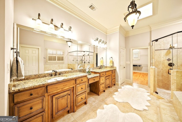 bathroom featuring ornamental molding, tile patterned flooring, an enclosed shower, and vanity