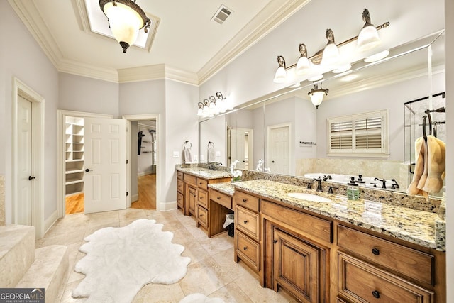 bathroom with ornamental molding, tile patterned flooring, and vanity