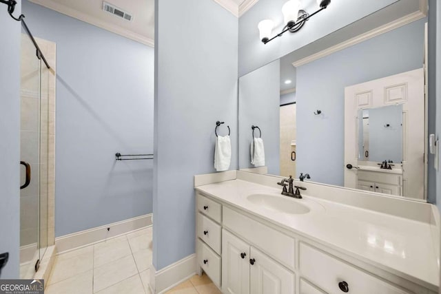 bathroom featuring walk in shower, tile patterned flooring, vanity, and crown molding