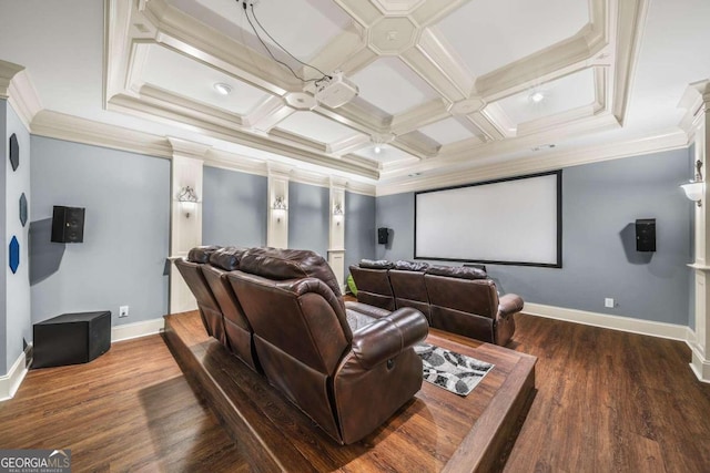 cinema room featuring dark hardwood / wood-style floors, beam ceiling, crown molding, and coffered ceiling