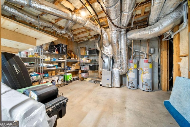 basement featuring gas water heater and heating unit