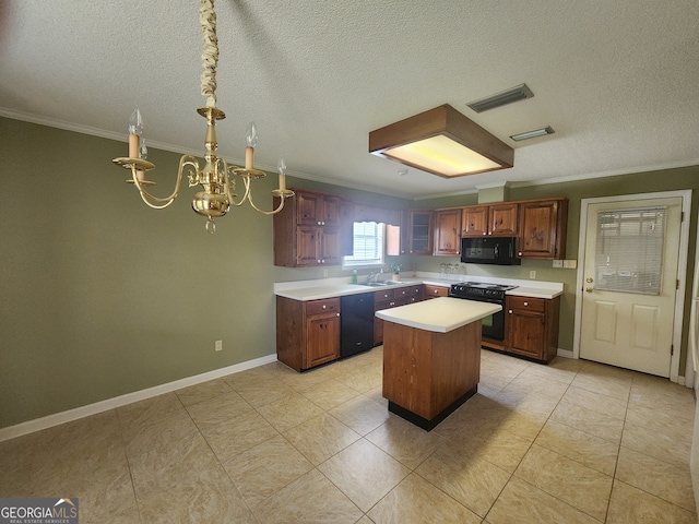 kitchen featuring a textured ceiling, light tile patterned floors, a chandelier, ornamental molding, and black appliances