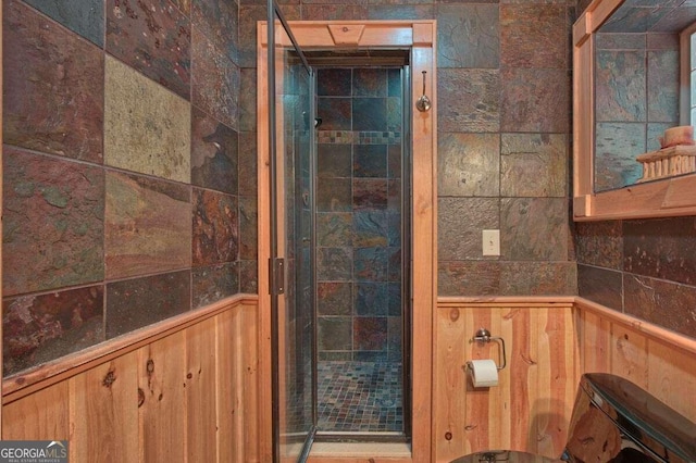 bathroom featuring wood walls