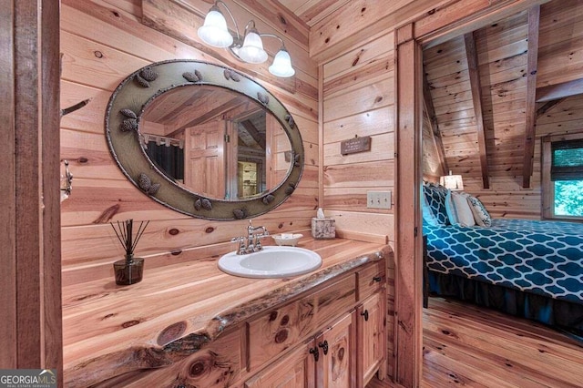 bathroom featuring wooden walls, vanity, and wood ceiling