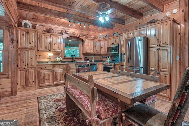 dining space with beamed ceiling, light wood-type flooring, wooden ceiling, and wooden walls