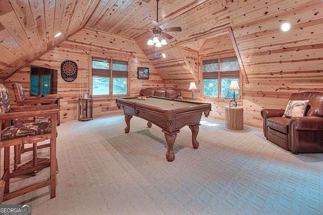 playroom featuring light colored carpet, ceiling fan, pool table, wooden ceiling, and wood walls