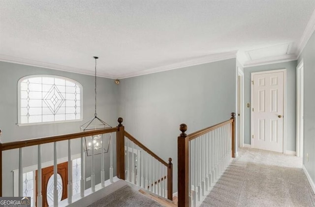 hall with a textured ceiling, carpet floors, an upstairs landing, baseboards, and crown molding