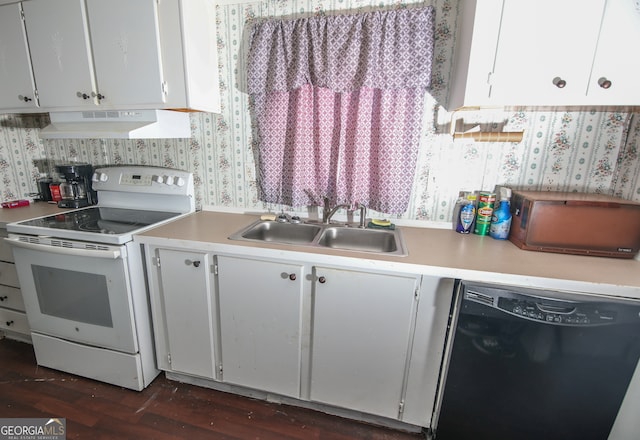 kitchen featuring electric stove, exhaust hood, dishwasher, and white cabinets