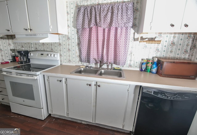 kitchen featuring under cabinet range hood, dishwasher, light countertops, a sink, and electric stove