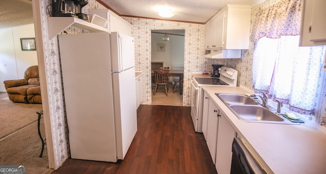 kitchen featuring a textured ceiling, dark hardwood / wood-style floors, vaulted ceiling, white cabinetry, and white appliances