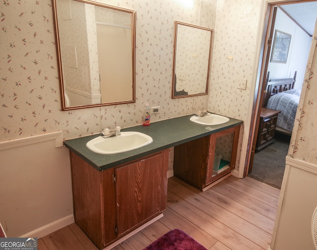 bathroom with vanity and hardwood / wood-style floors