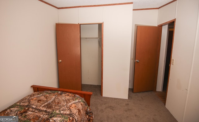 carpeted bedroom with a textured ceiling, a closet, and ornamental molding