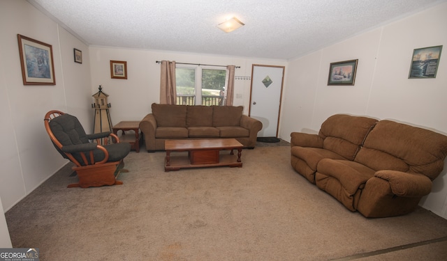 carpeted living room featuring a textured ceiling