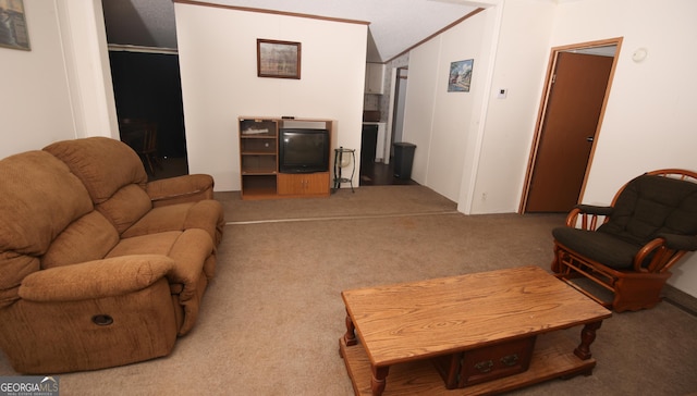living room with ornamental molding and carpet flooring