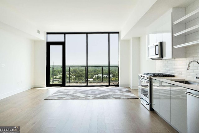 kitchen with appliances with stainless steel finishes, decorative backsplash, light hardwood / wood-style flooring, and sink