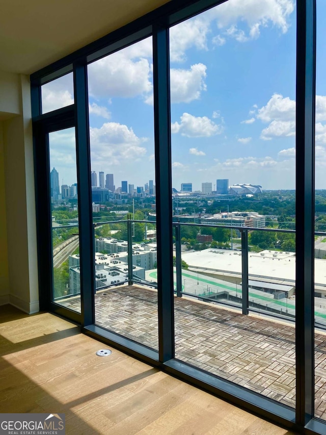 doorway featuring floor to ceiling windows, light hardwood / wood-style flooring, and a healthy amount of sunlight