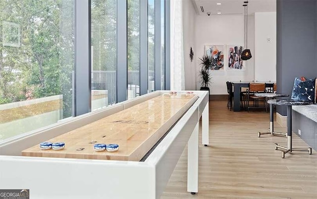 interior space featuring light hardwood / wood-style flooring and pendant lighting