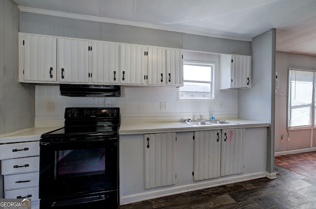 kitchen with electric range, extractor fan, dark wood-type flooring, and a healthy amount of sunlight